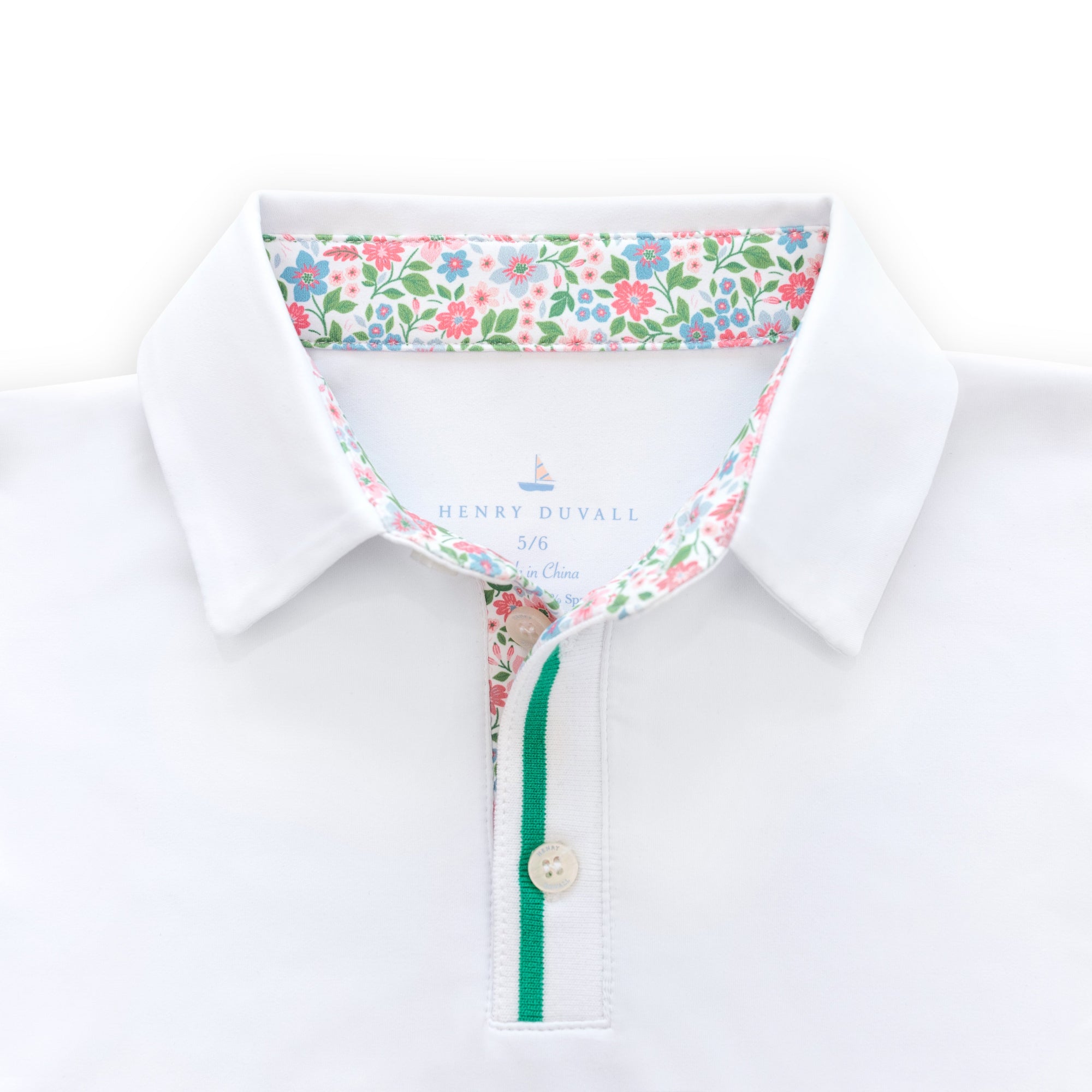 Henley Polo in Classic White with Midspring Floral Trim - Midspring