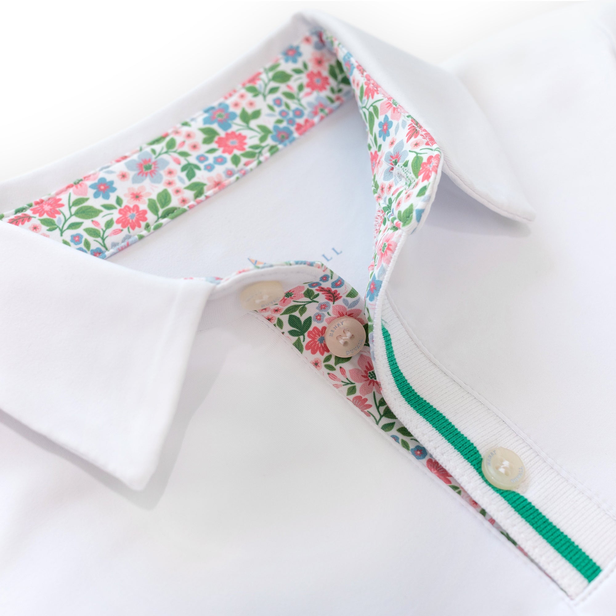 Henley Polo in Classic White with Midspring Floral Trim - Midspring