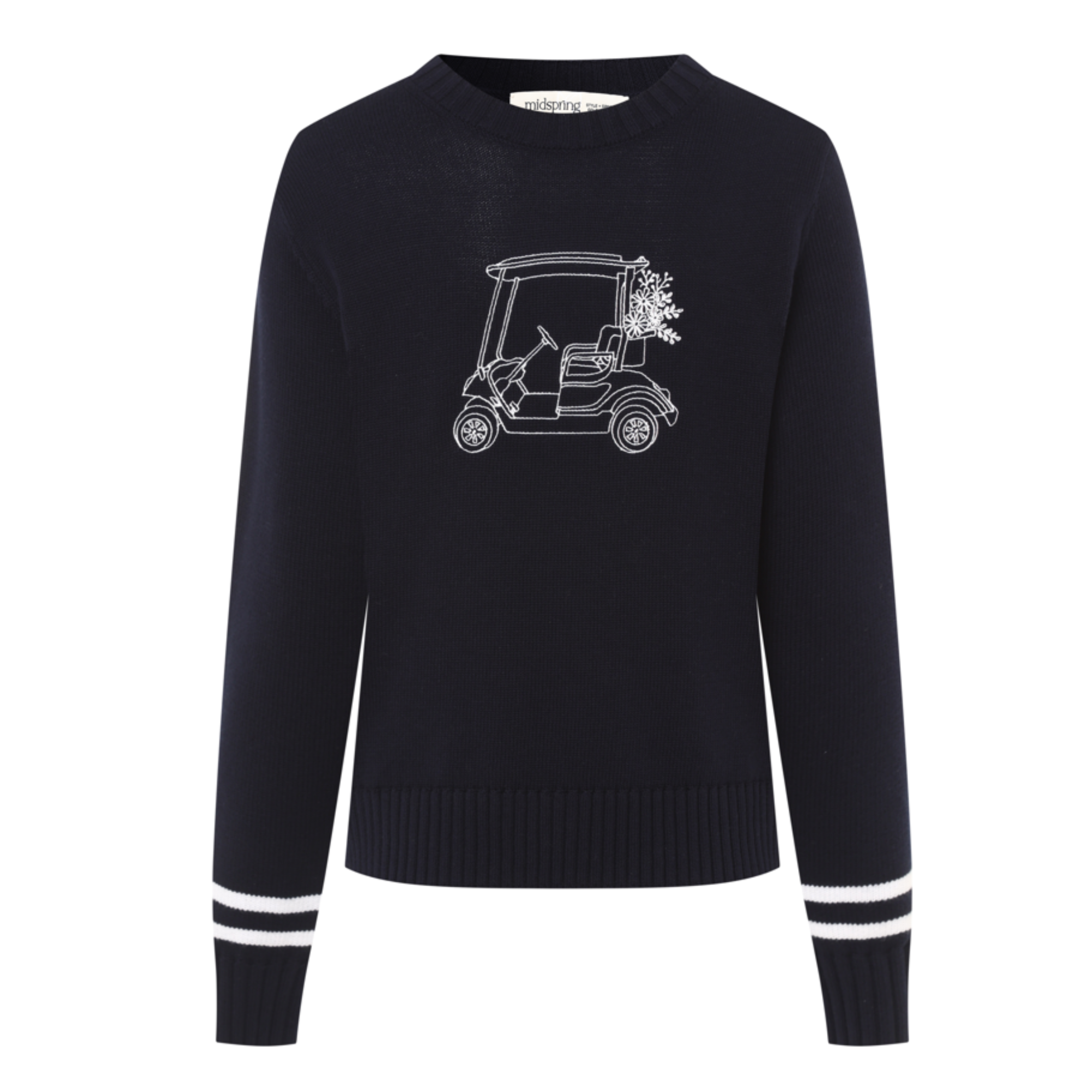 Navy sweater with white graphic of a golf cart and flowers on a white background