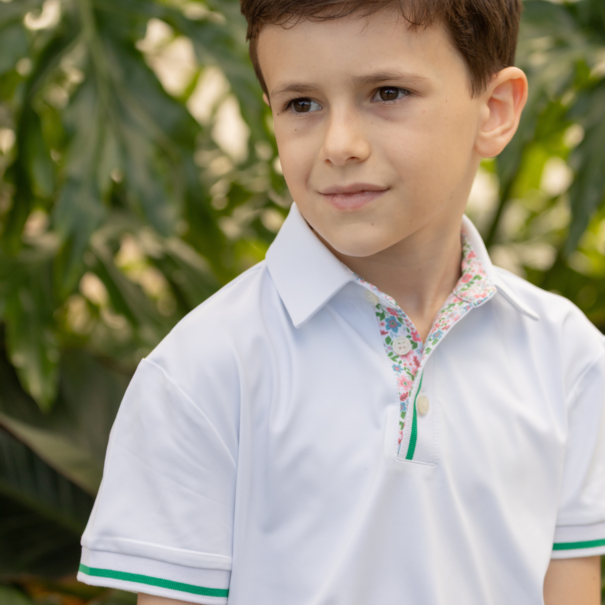 Henley Polo in Classic White with Midspring Floral Trim - Midspring