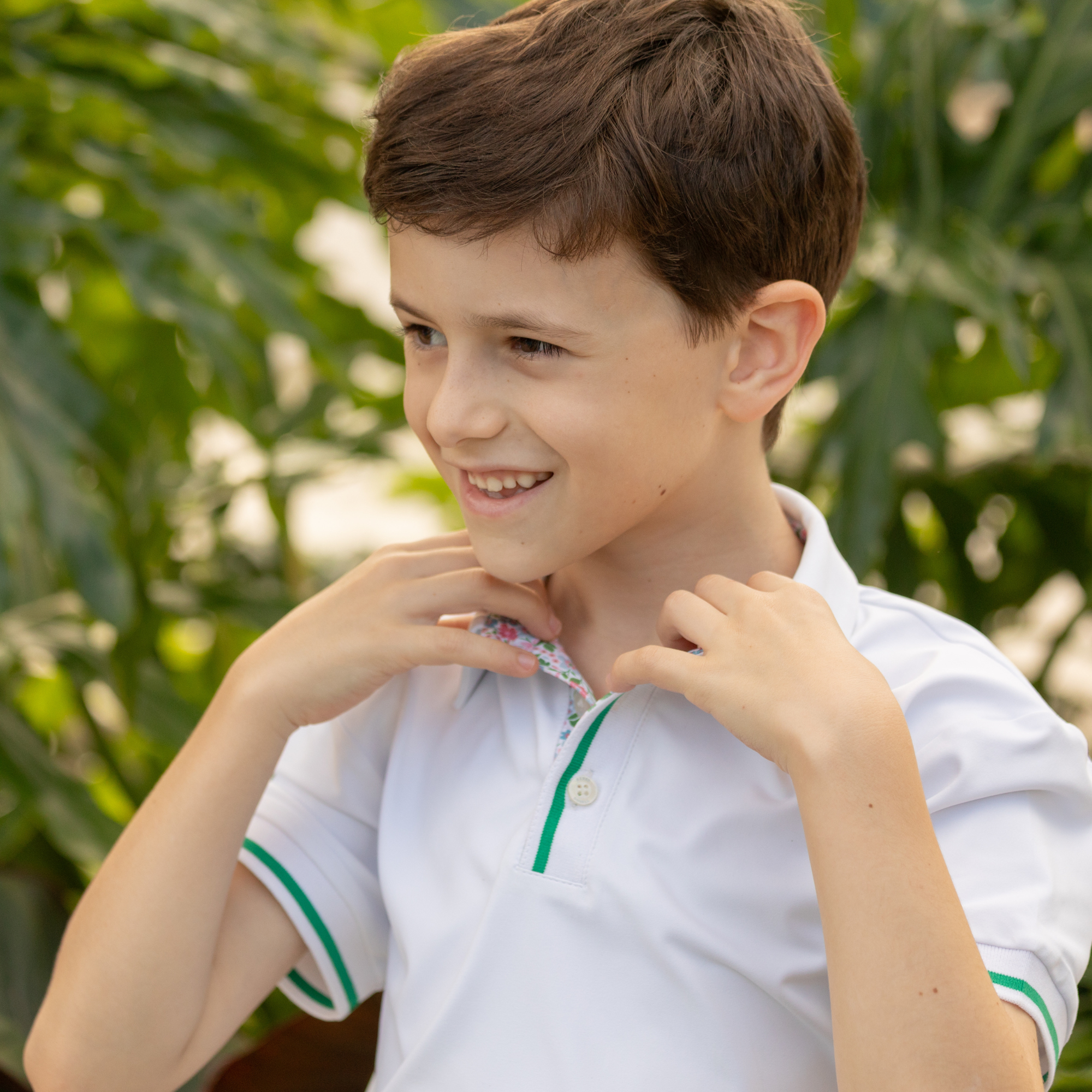 Henley Polo in Classic White with Midspring Floral Trim - Midspring
