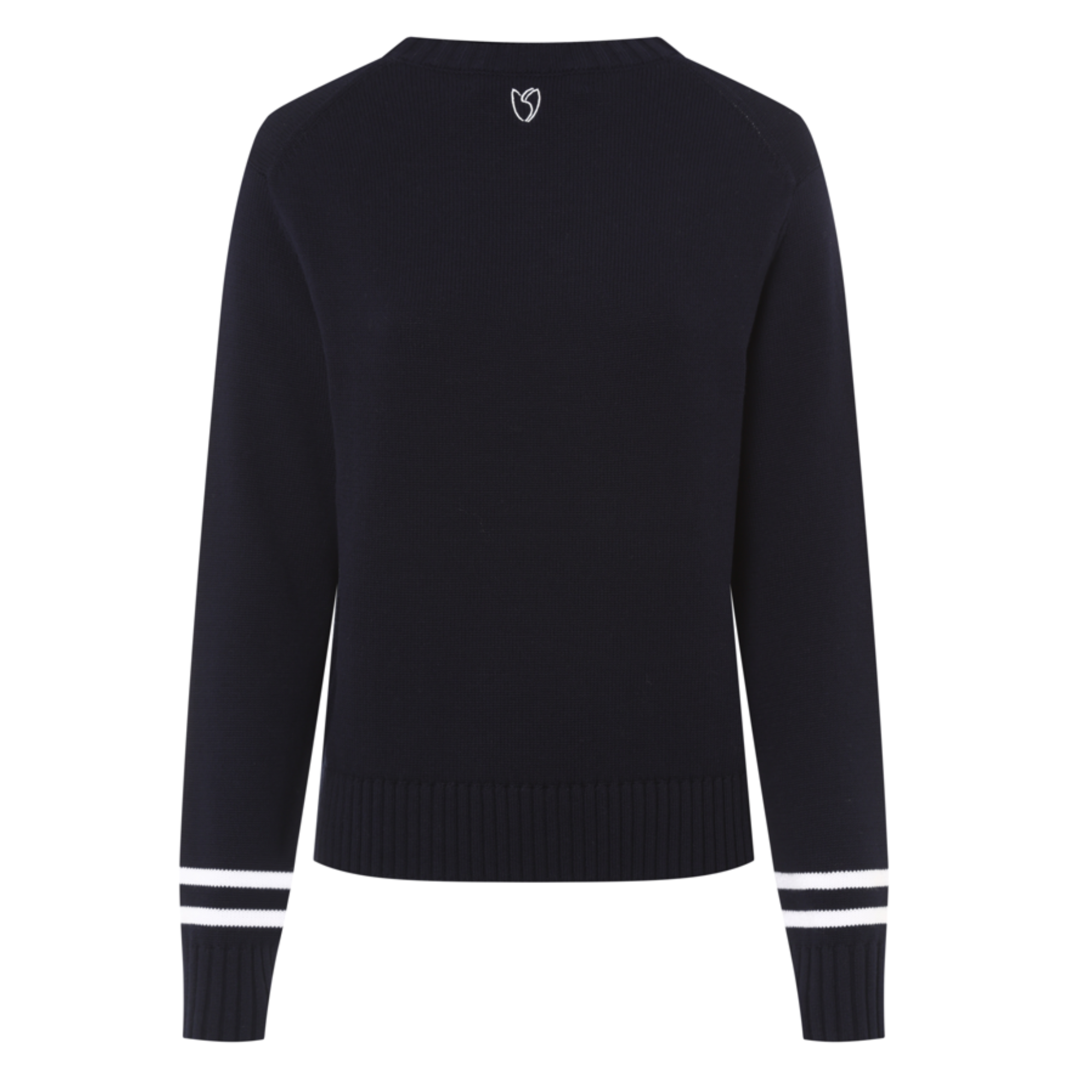 Navy sweater with white graphic of a golf cart and flowers on a white background
