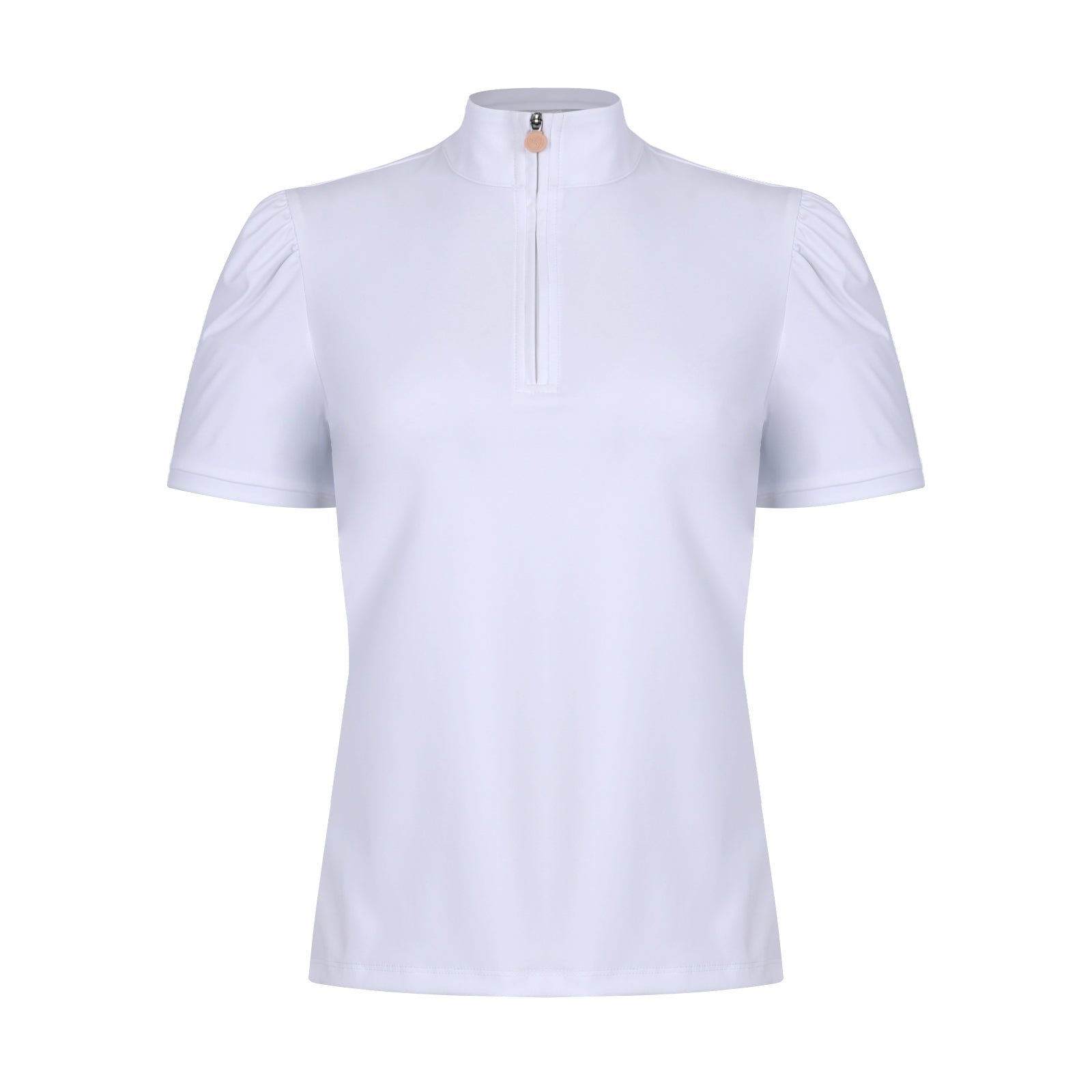 White short-sleeve shirt with a quarter zip on a white background