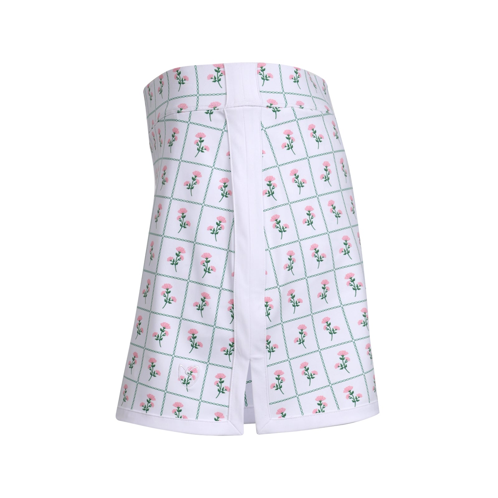 White strapless top with pink floral pattern on a white background