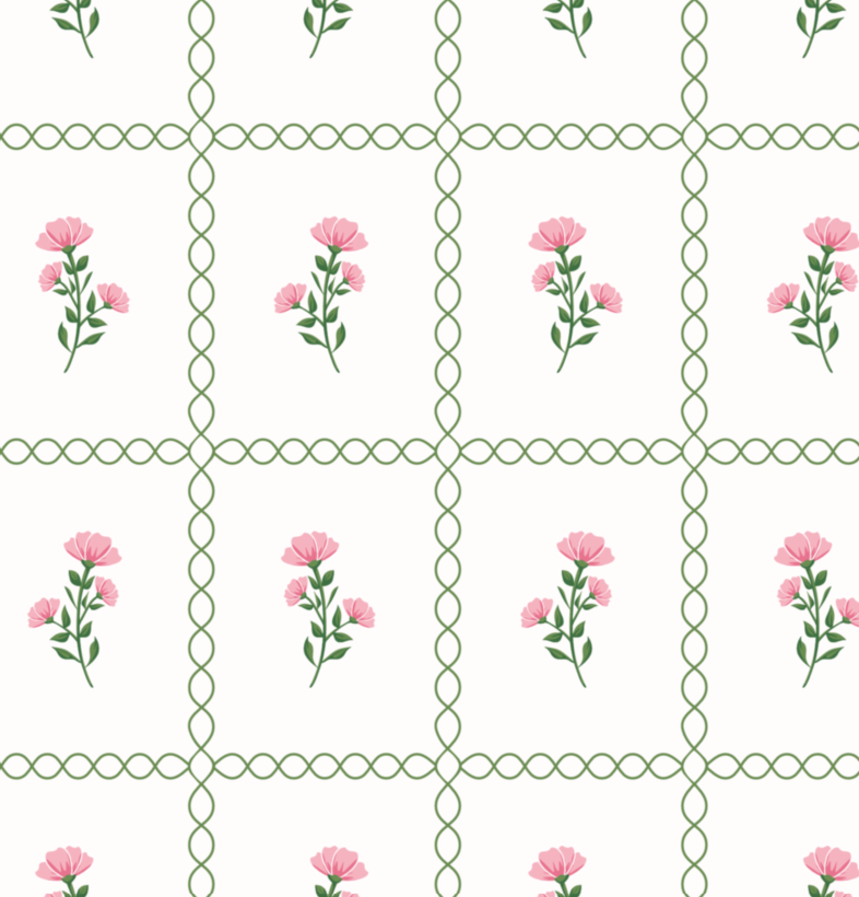 Pattern of pink flowers with green leaves on a white background with green lattice design.