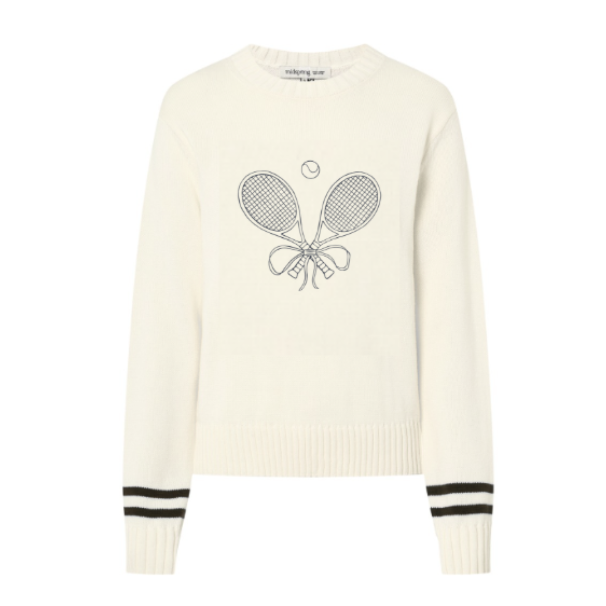 White sweater with tennis racket design on a white background