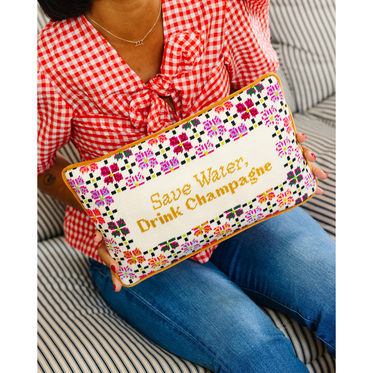 Drink Champagne Needlepoint Pillow - Midspring