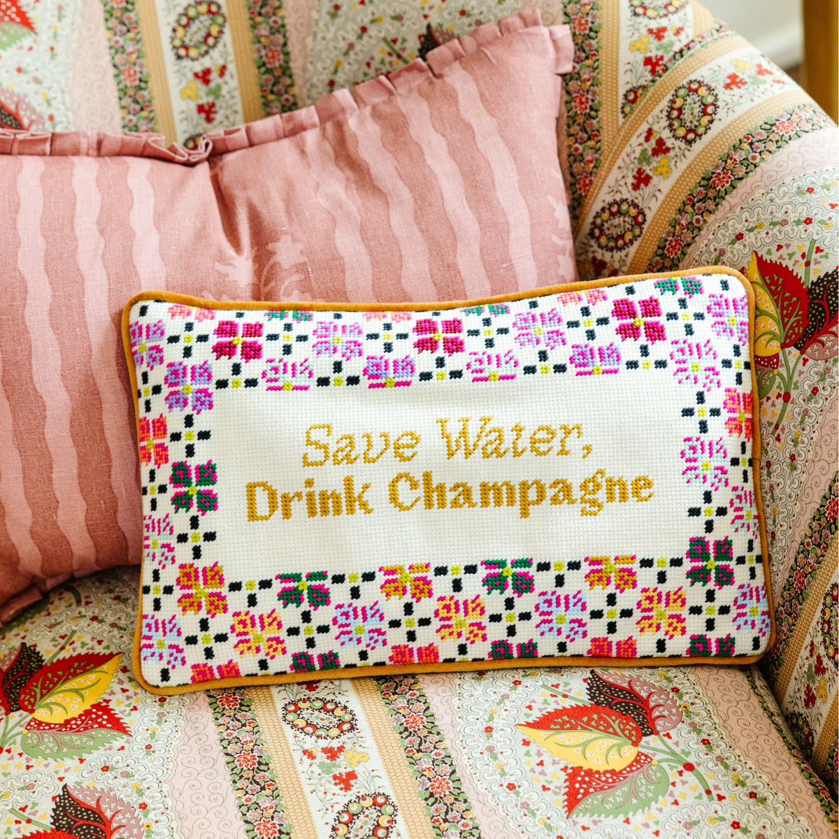 Drink Champagne Needlepoint Pillow - Midspring