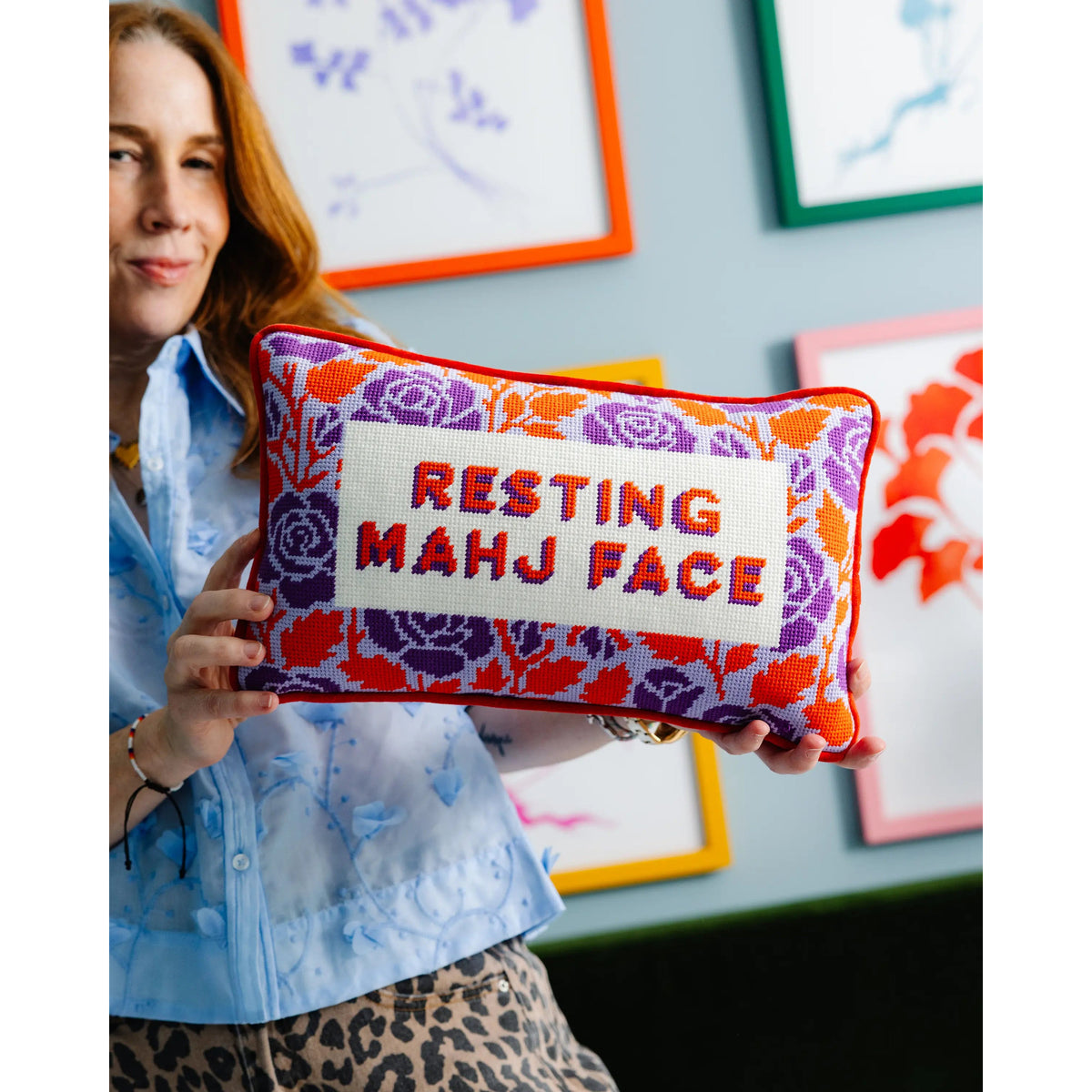 Resting Mahj Face Needlepoint Pillow - Midspring