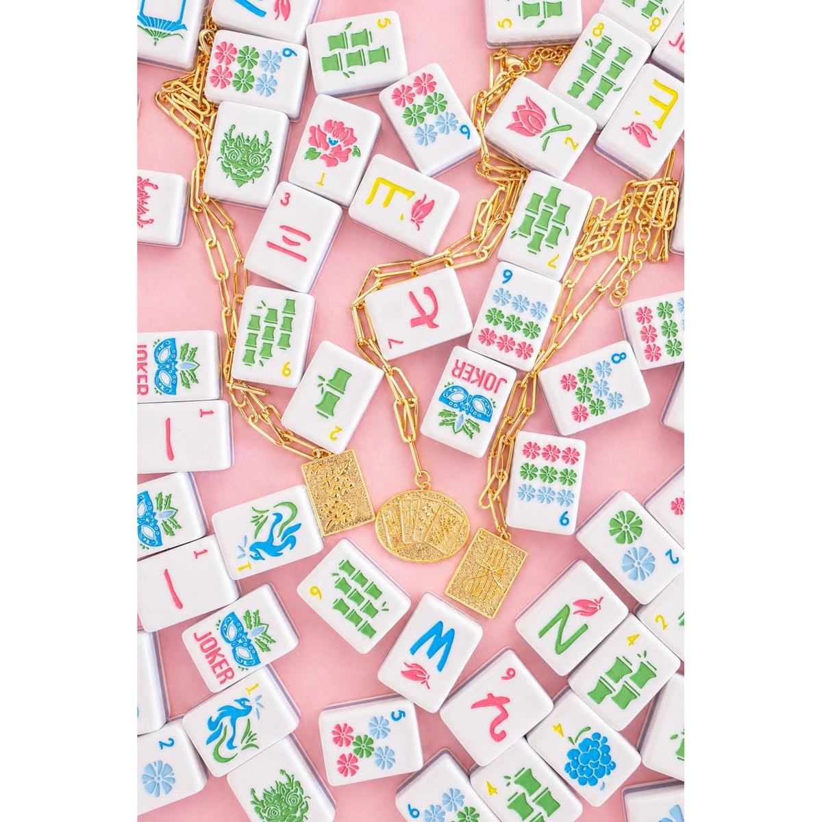 Mahjong Charm Tile Necklace - Paper Clip Chain - 18K Gold Plated - Midspring