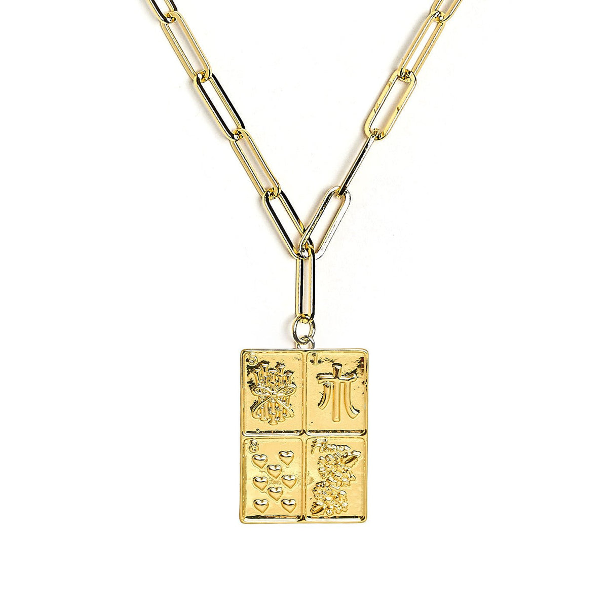 Mahjong Charm Tile Necklace - Paper Clip Chain - 18K Gold Plated - Midspring