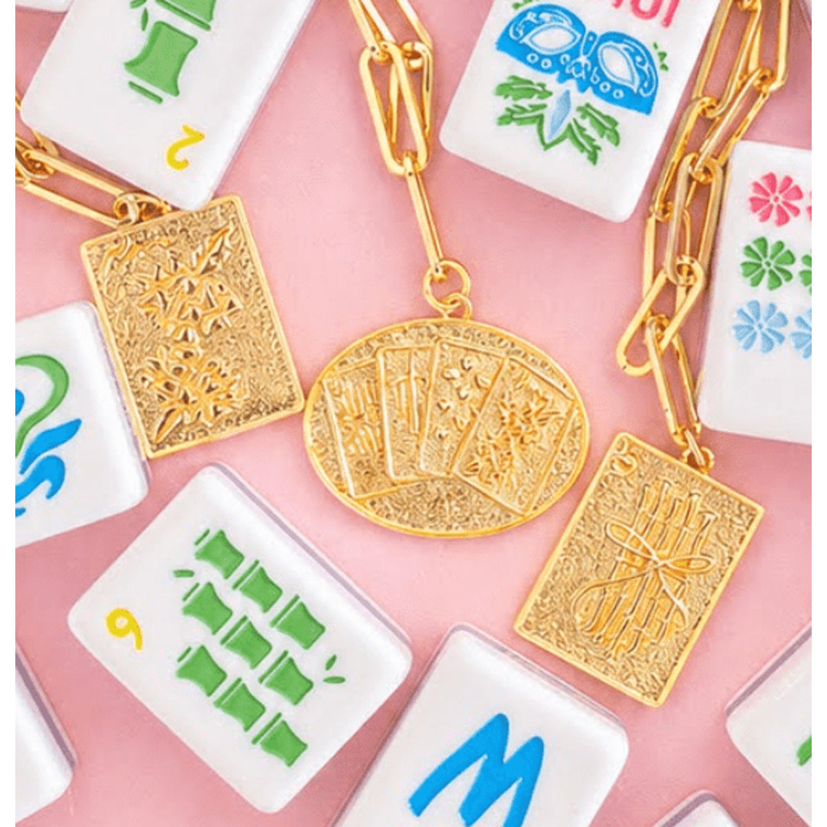 Mahjong Charm Tile Necklace - Paper Clip Chain - 18K Gold Plated - Midspring